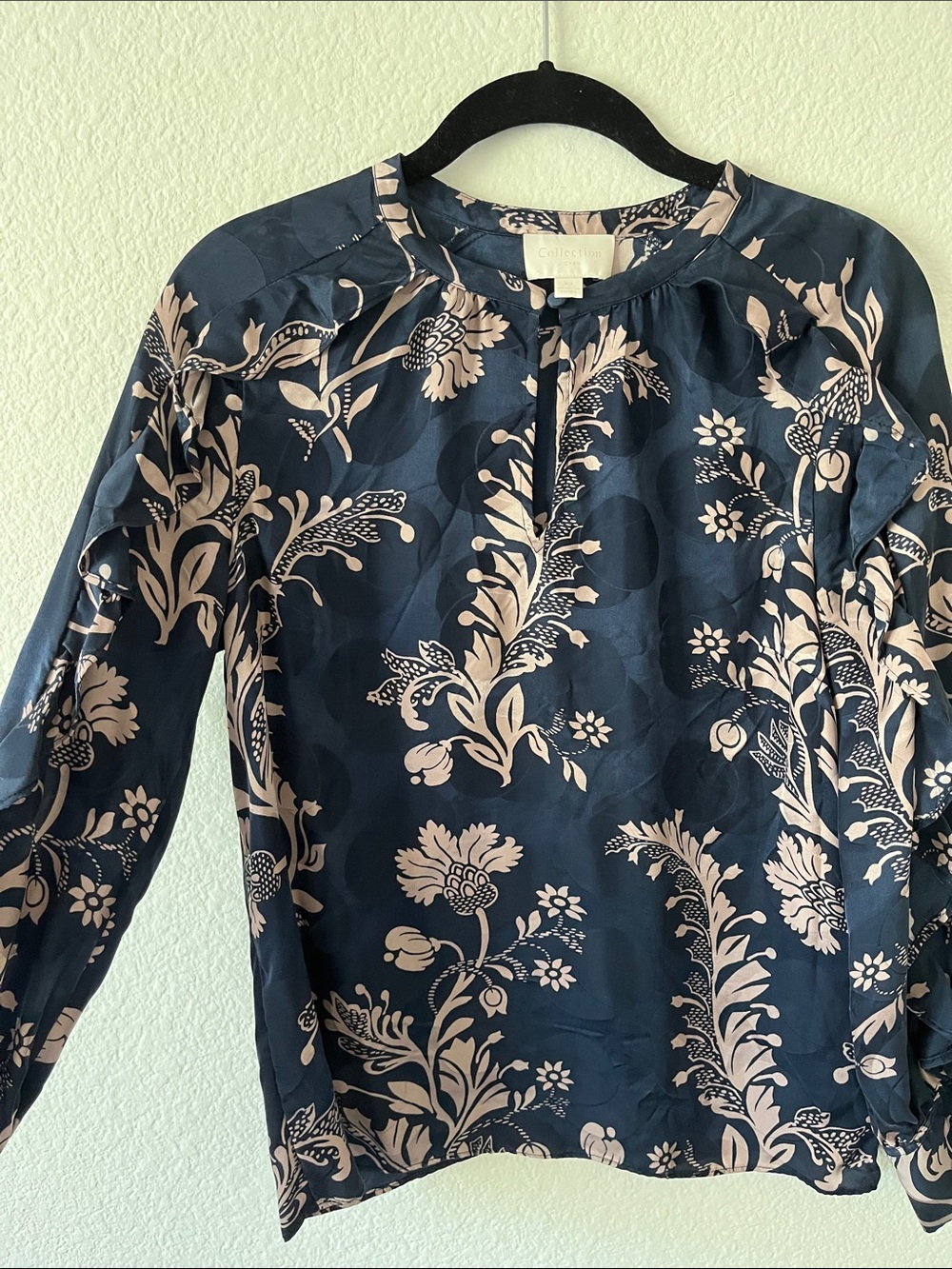 J.Crew Collection 100% Silk Navy Blush Floral Long-Sleeve Blouse